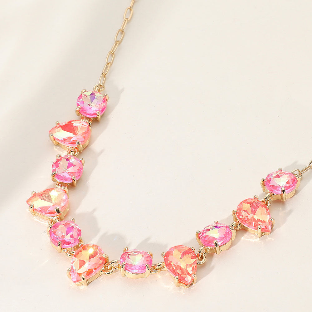 Multi-Color Pink Round and Teardrop Stone Fashion Necklace | Multi Shades of Pink Evening Necklace