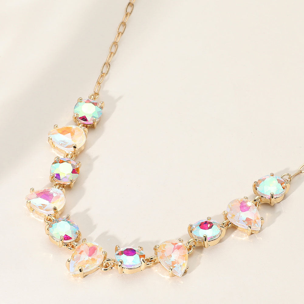 White AB Round and Teardrop Stone Fashion Necklace | White AB Evening Necklace