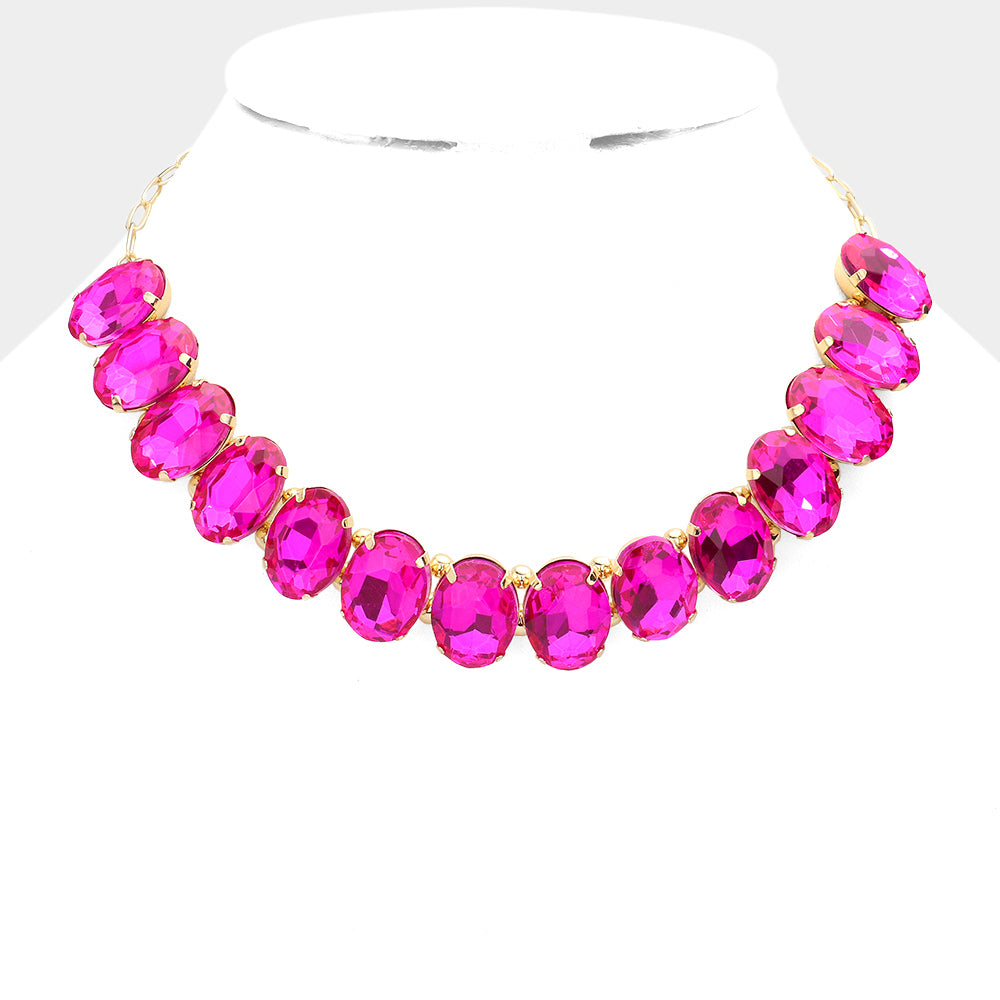 Fuchsia Oval Stone Pageant Necklace | Evening Necklace