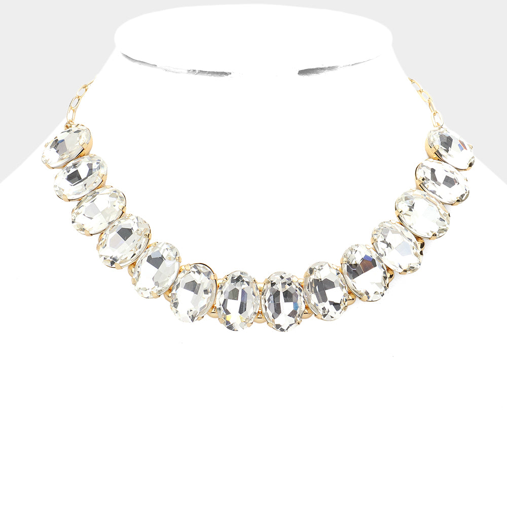 Clear Oval Stone Pageant Necklace on Gold | Evening Necklace