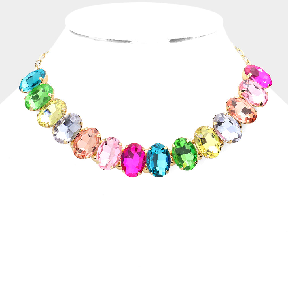 Multi-Color Oval Stone Pageant Necklace  | Evening Necklace