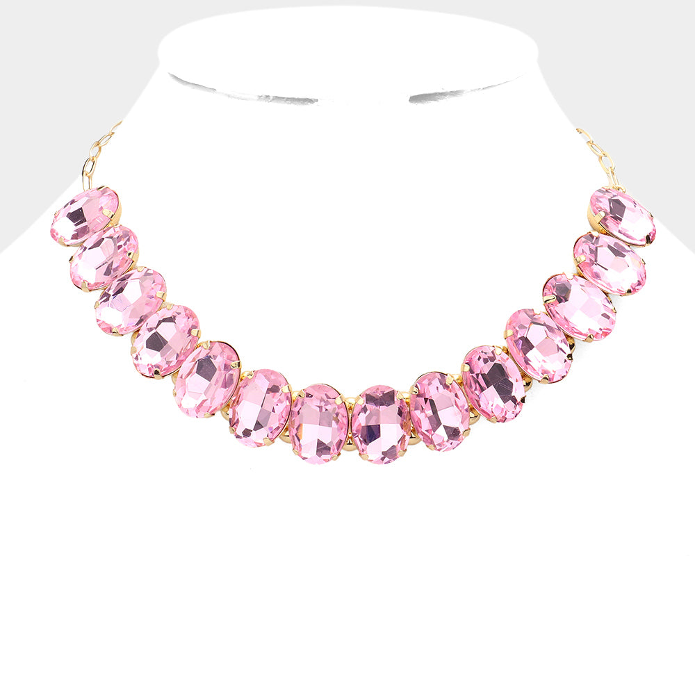 Pink Oval Stone Pageant Necklace | Evening Necklace