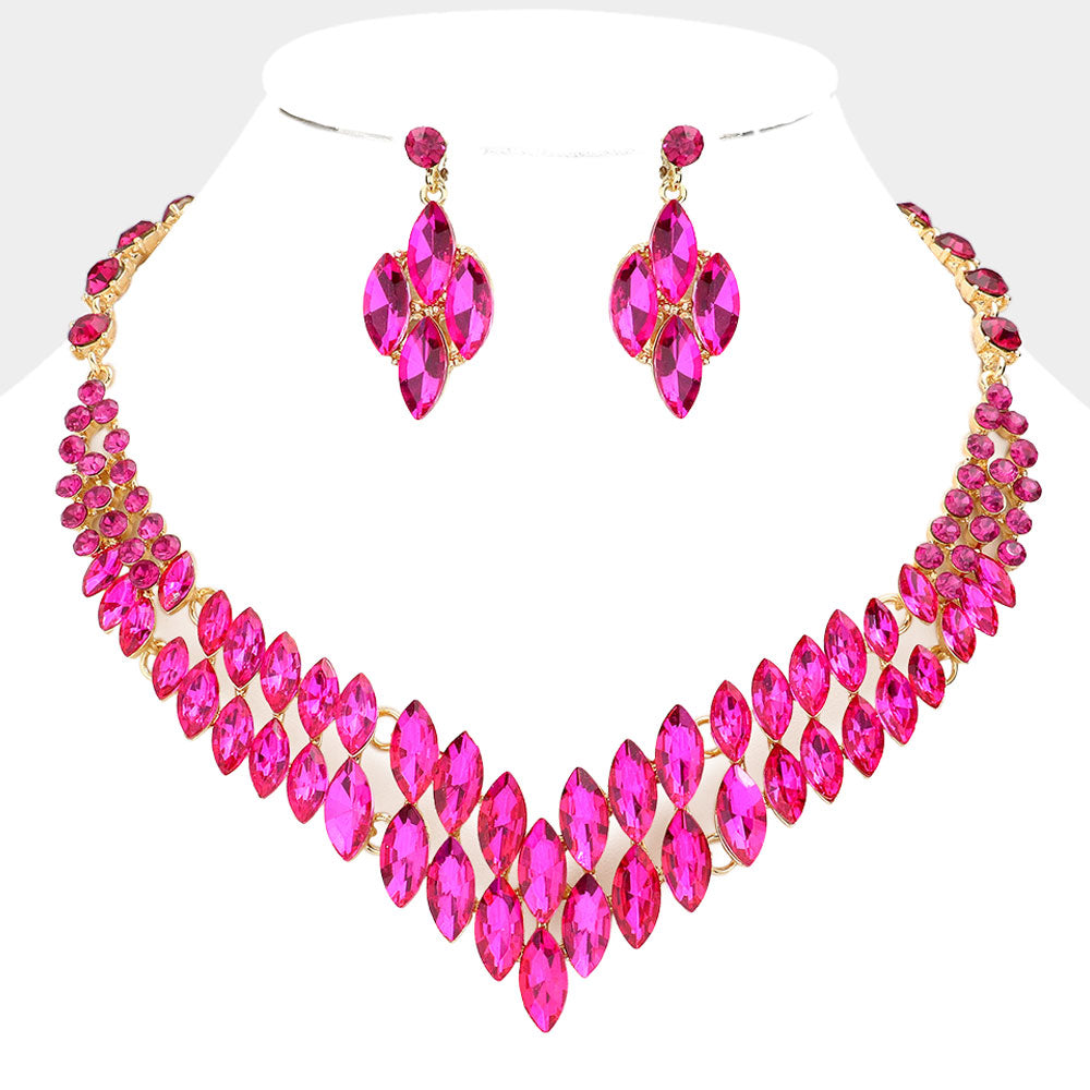Marquise Fuchsia Crystal Stone Cluster Statement Necklace | Evening Necklace