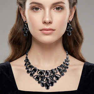 Model wearing Black Crystal Teardrop Cluster Pageant Necklace  | Statement Necklace on black