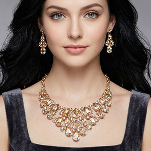 Model wearing Topaz Crystal Teardrop Cluster Pageant Necklace  | Statement Necklace on gold
