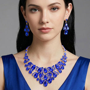 Model wearing Sapphire Crystal Teardrop Cluster Pageant Necklace on Gold | Statement Necklace