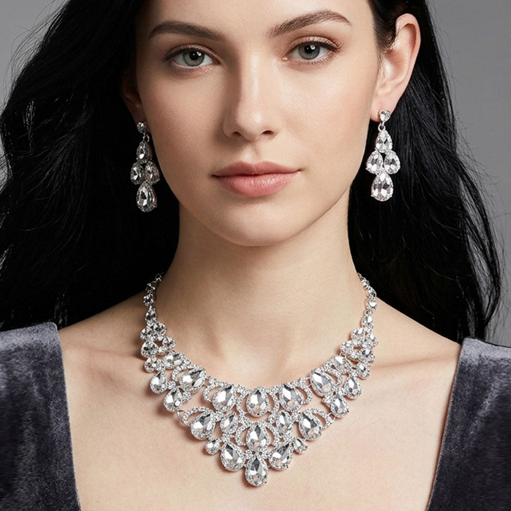 Model wearing Clear Crystal Teardrop Cluster Pageant Necklace  | Statement Necklace 