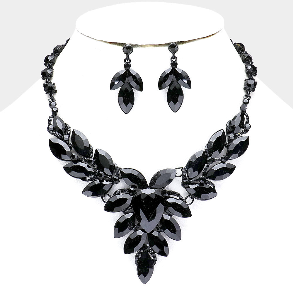 Jet Black Teardrop Center and Marquise Stone Prom Necklace Set | Special Occasion Necklace Set