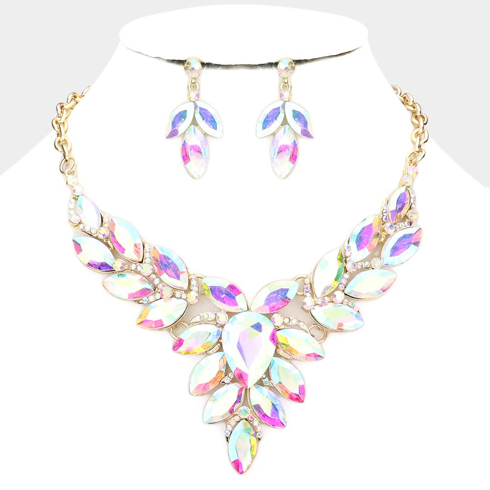 AB Teardrop Center and Marquise Stone Prom Necklace Set on Gold | Special Occasion Necklace Set