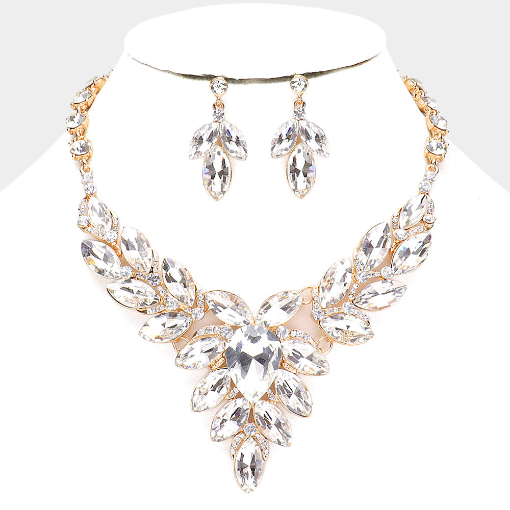 Clear Teardrop Center and Marquise Stone Prom Necklace Set on Gold | Special Occasion Necklace Set