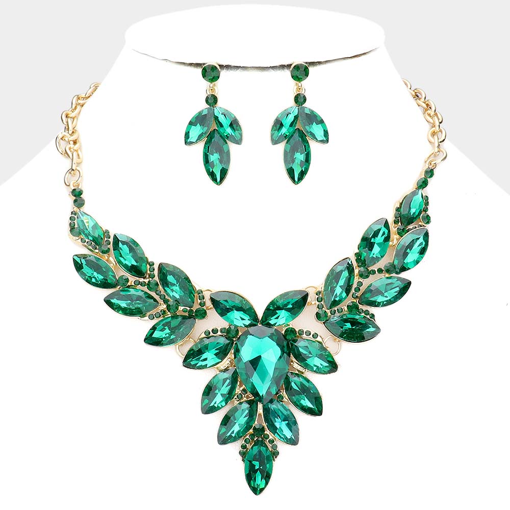 Emerald Teardrop Center and Marquise Stone Prom Necklace Set | Special Occasion Necklace Set