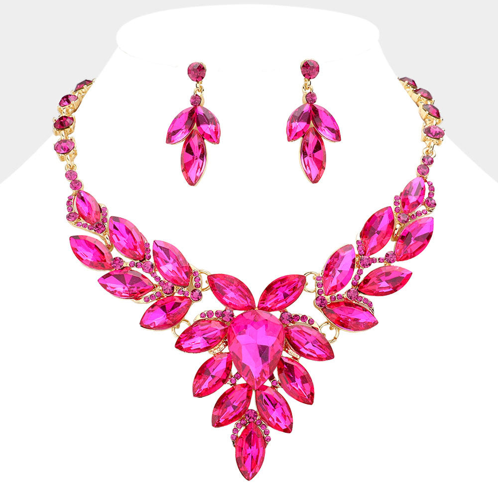 Fuchsia Teardrop Center and Marquise Stone Prom Necklace Set | Special Occasion Necklace Set