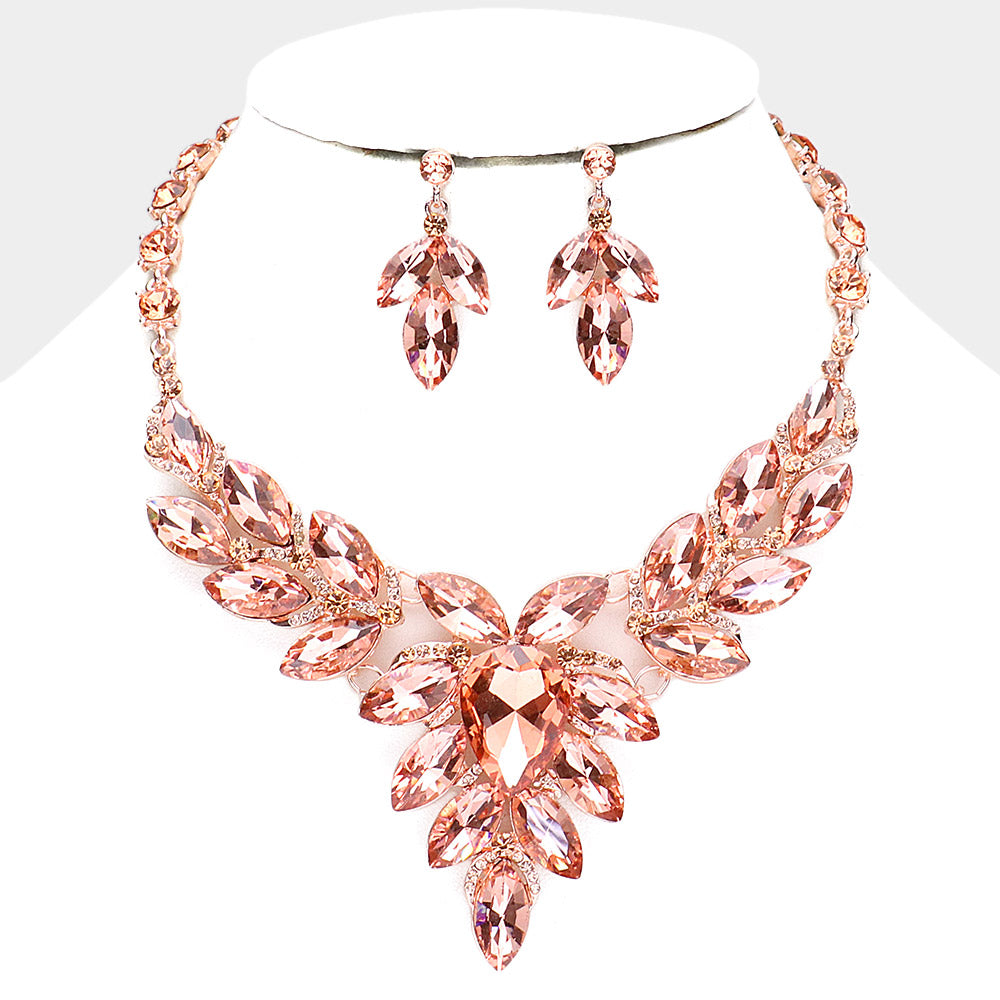 Peach Teardrop Center and Marquise Stone Prom Necklace Set on Rose Gold | Special Occasion Necklace Set |  487206