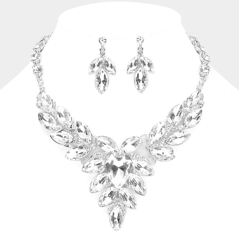 Clear Teardrop Center and Marquise Stone Prom Necklace Set on Silver | Special Occasion Necklace Set