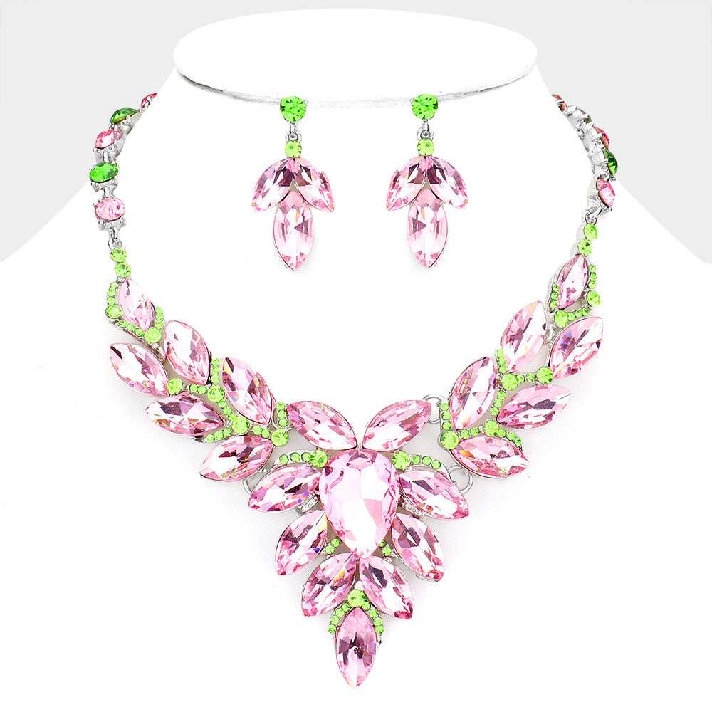 Pink & Green Teardrop Center and Marquise Stone Prom Necklace Set  | Special Occasion Necklace Set