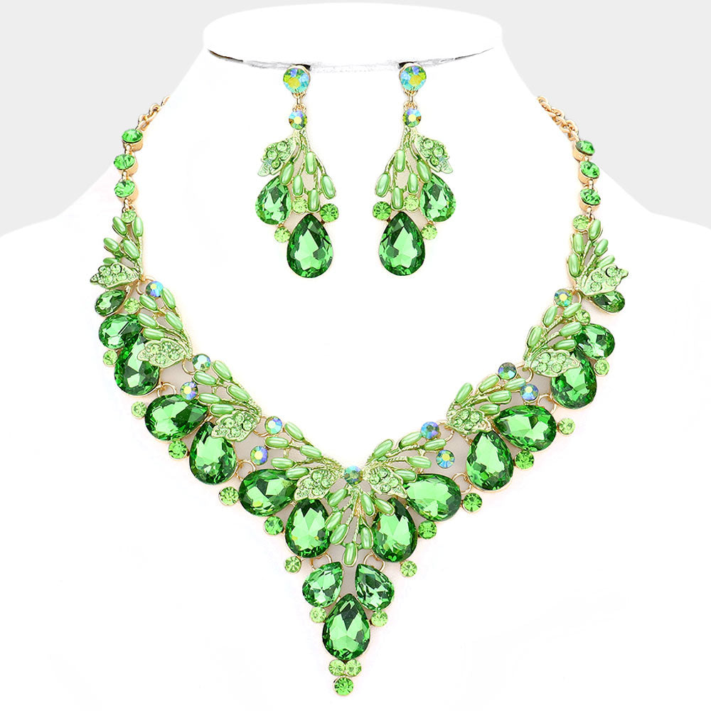 Teardrop Green Crystal Vine Statement Necklace Set