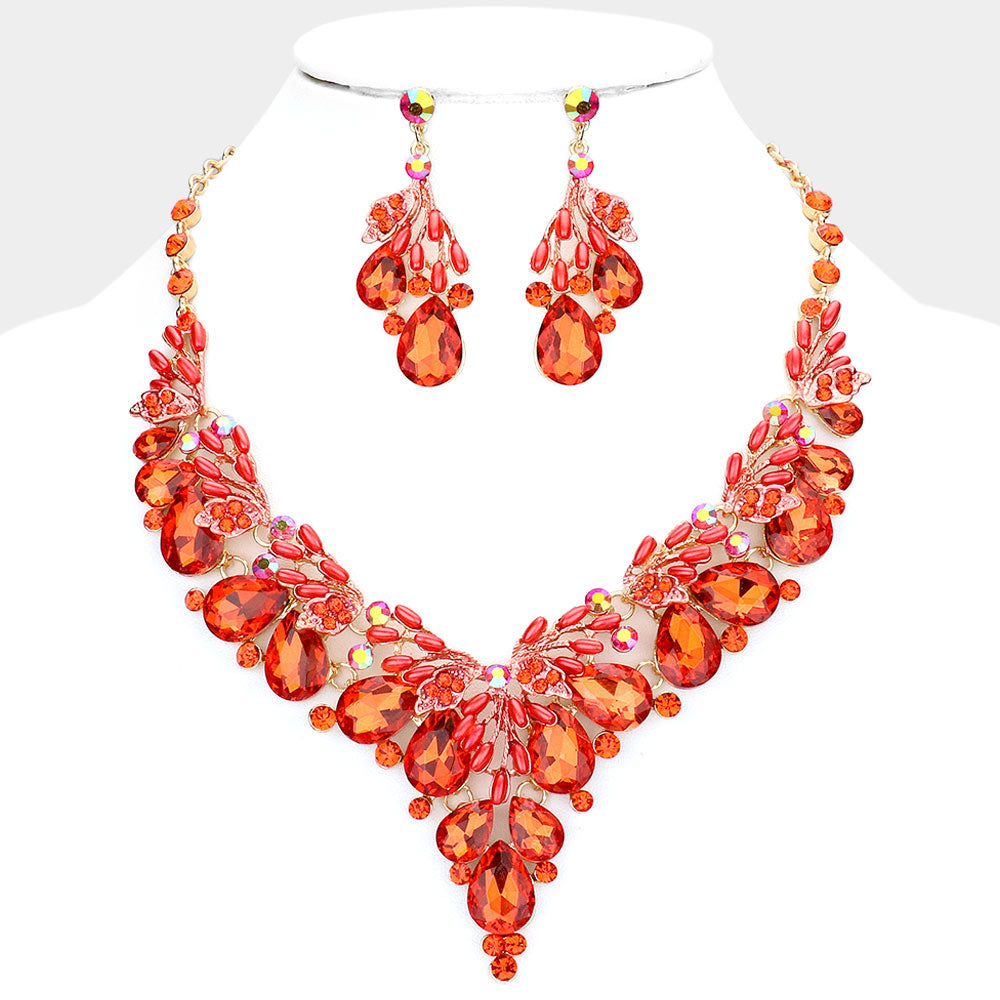 Teardrop Orange Crystal Vine Statement Necklace Set