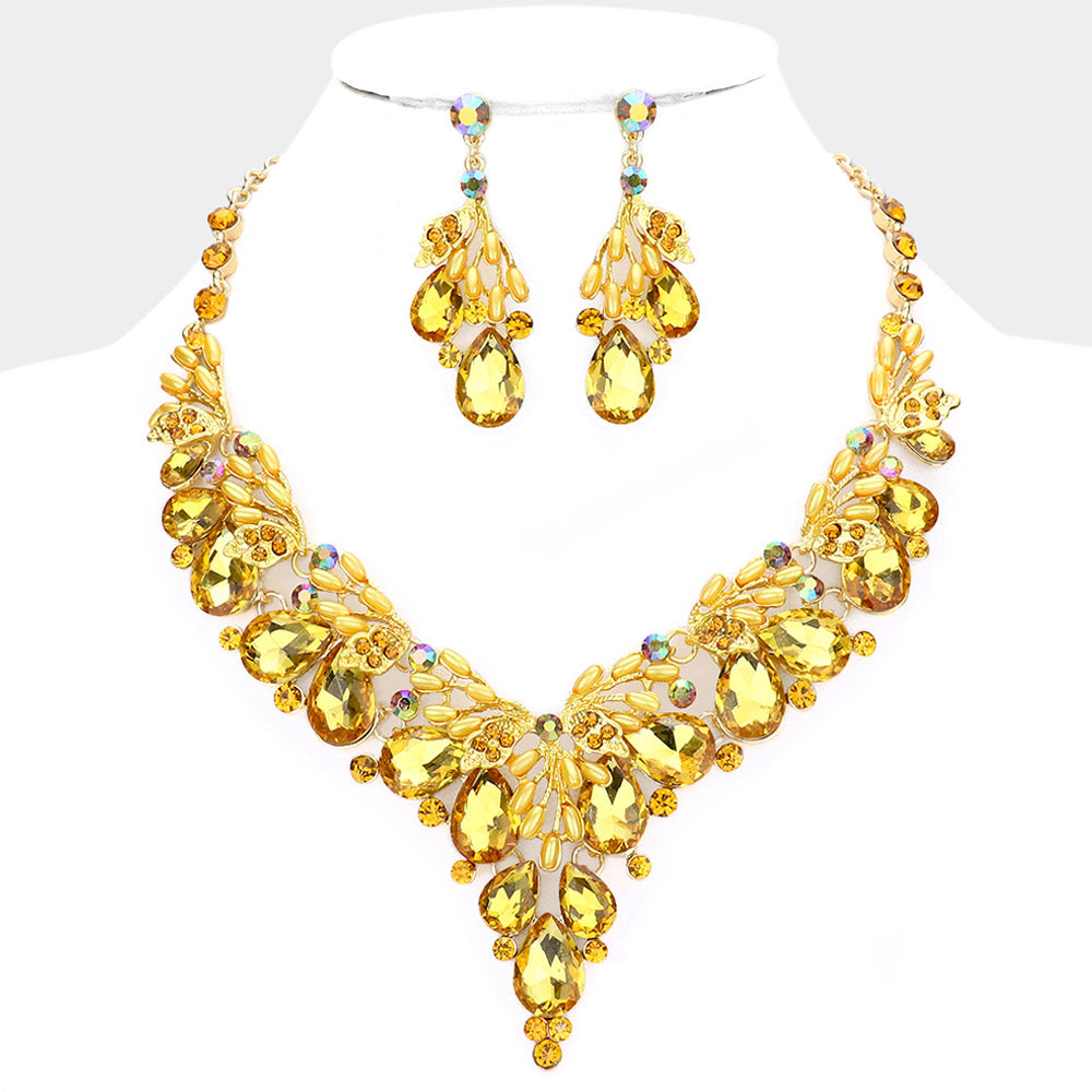 Teardrop Yellow Crystal Vine Statement Necklace Set  | 548846