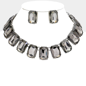 Black Diamond Crystal Emerald Cut Stone Link Statement Necklace | Homecoming Jewelry