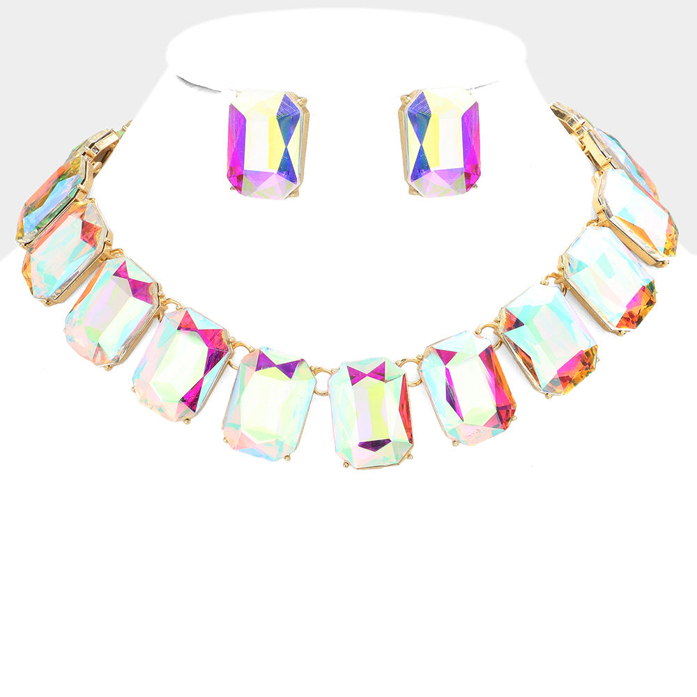 AB Crystal Emerald Cut Stone Link Statement Necklace on Gold  | Homecoming Jewelry