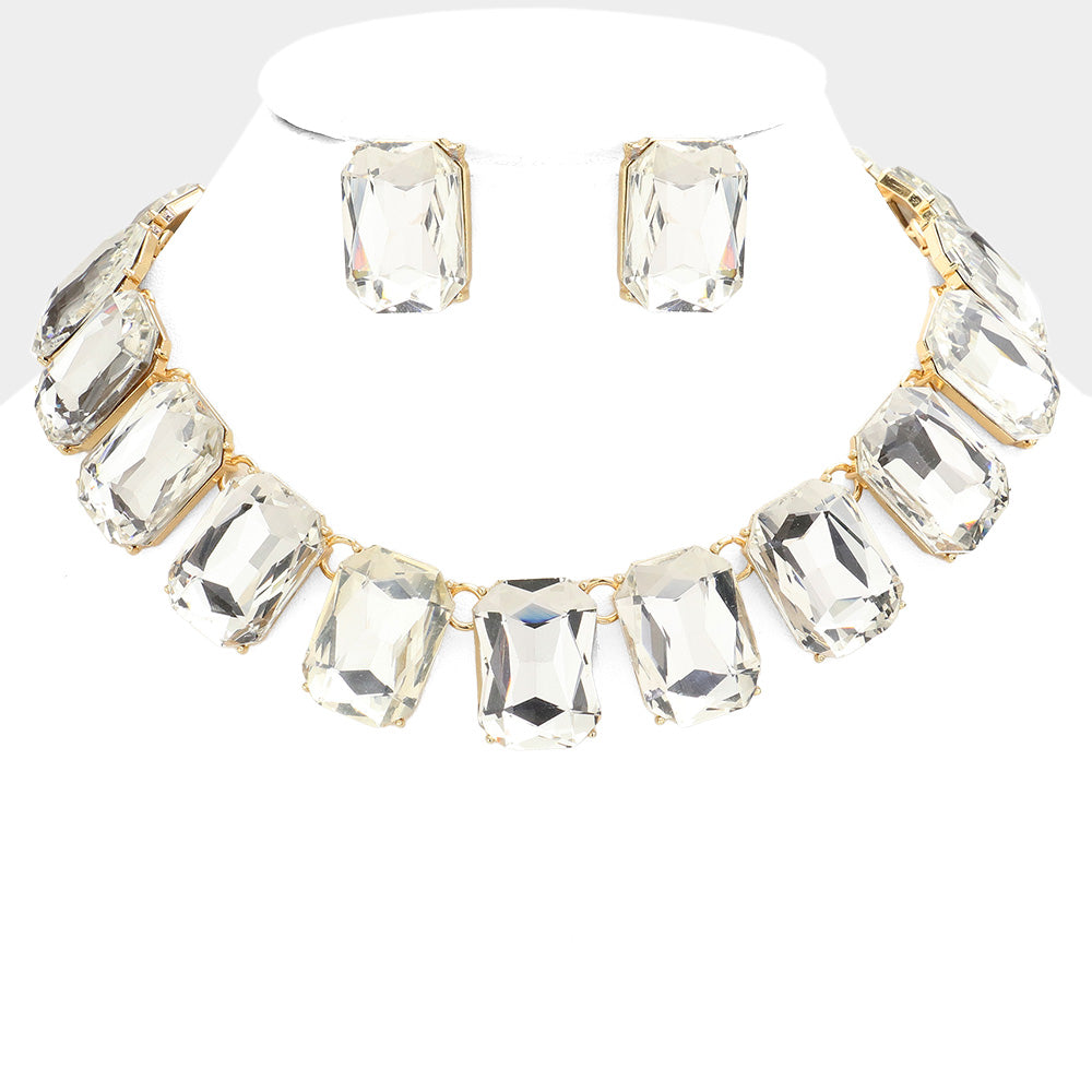 Clear Crystal Emerald Cut Stone Link Statement Necklace on Gold | Homecoming Jewelry