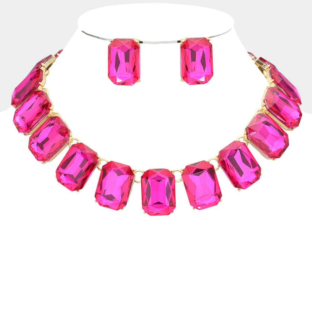 Fuchsia Crystal Emerald Cut Stone Link Statement Necklace | Homecoming Jewelry