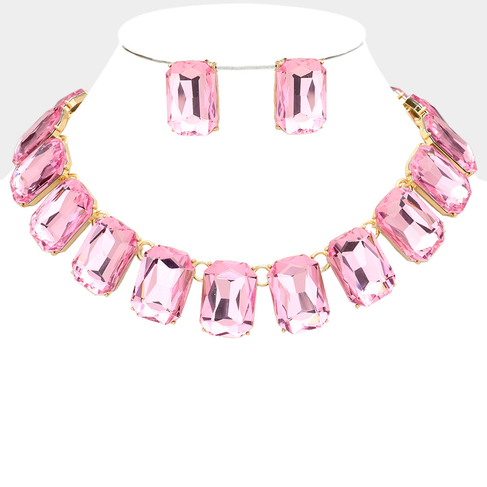 Pink Crystal Emerald Cut Stone Link Statement Necklace | Homecoming Jewelry | 599103