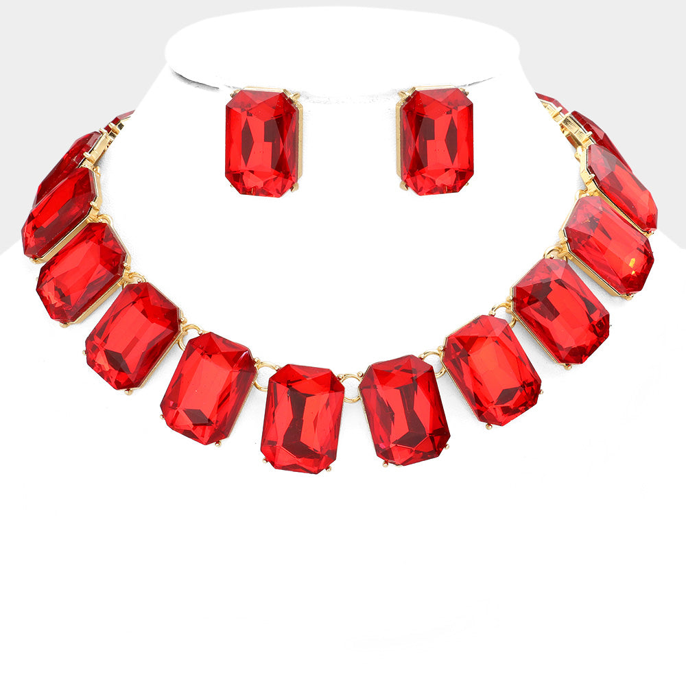 Red Crystal Emerald Cut Stone Link Statement Necklace | Homecoming Jewelry