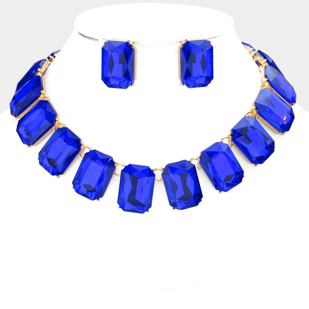 Sapphire Crystal Emerald Cut Stone Link Statement Necklace | Homecoming Jewelry