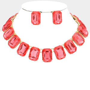 Coral Crystal Emerald Cut Stone Link Statement Necklace | Homecoming Jewelry