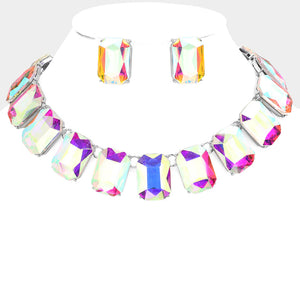 AB Crystal Emerald Cut Stone Link Statement Necklace | Homecoming Jewelry