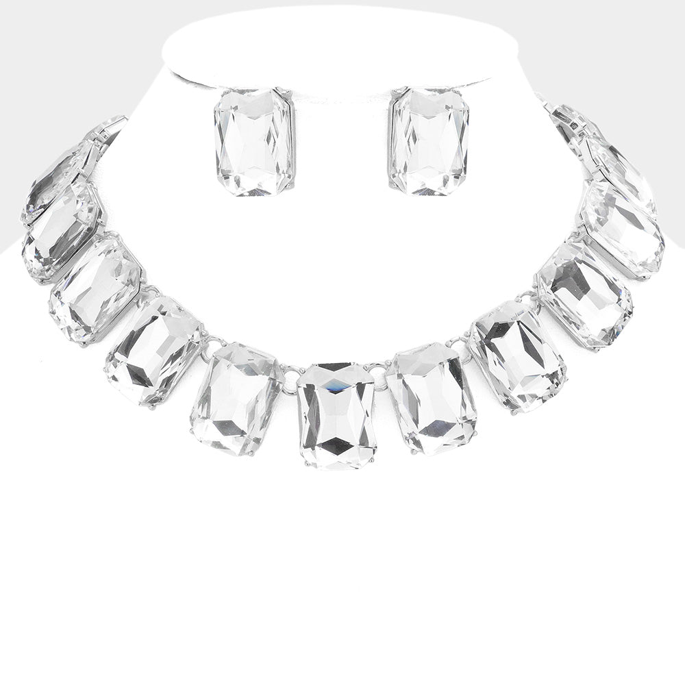 Clear Crystal Emerald Cut Stone Link Statement Necklace   | Homecoming Jewelry