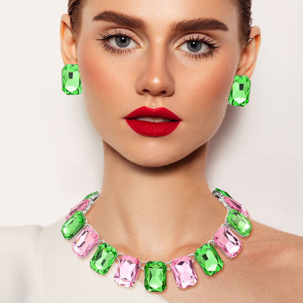 Model wearing Pink & Green Crystal Emerald Cut Stone Link Statement Necklace & earrings on silver 