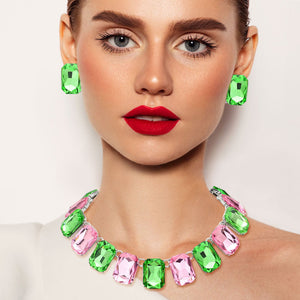 Model wearing Pink & Green Crystal Emerald Cut Stone Link Statement Necklace & earrings on silver 