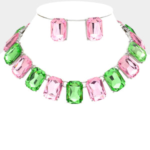 Pink & Green Crystal Emerald Cut Stone Link Statement Necklace & earrings on silver on a white background