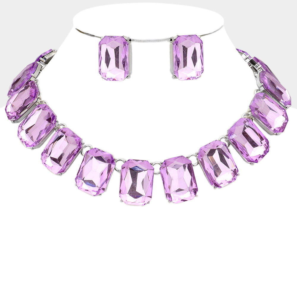 Violet Crystal Emerald Cut Stone Link Statement Necklace | Homecoming Jewelry
