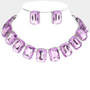 Violet Crystal Emerald Cut Stone Link Statement Necklace | Homecoming Jewelry