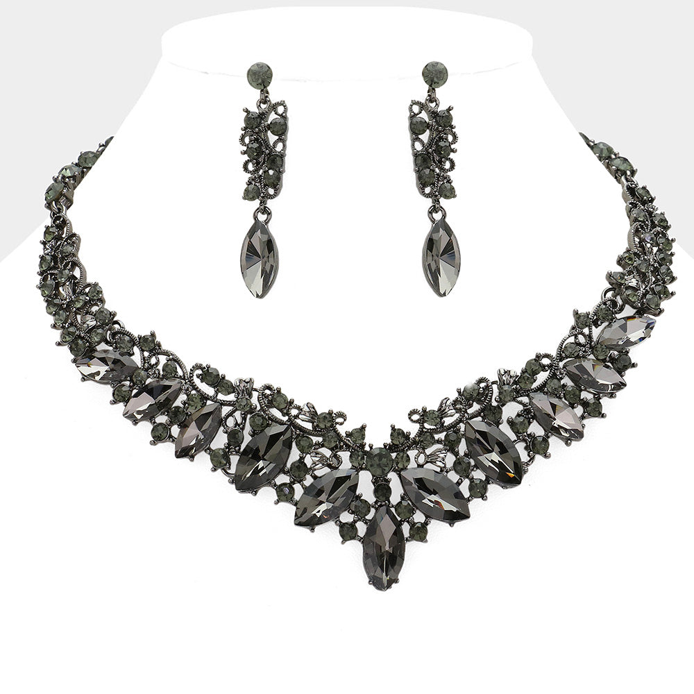 Black Diamond Marquise and Mixed Stone Statement Necklace Set | Crystal Stone Evening Necklace Set