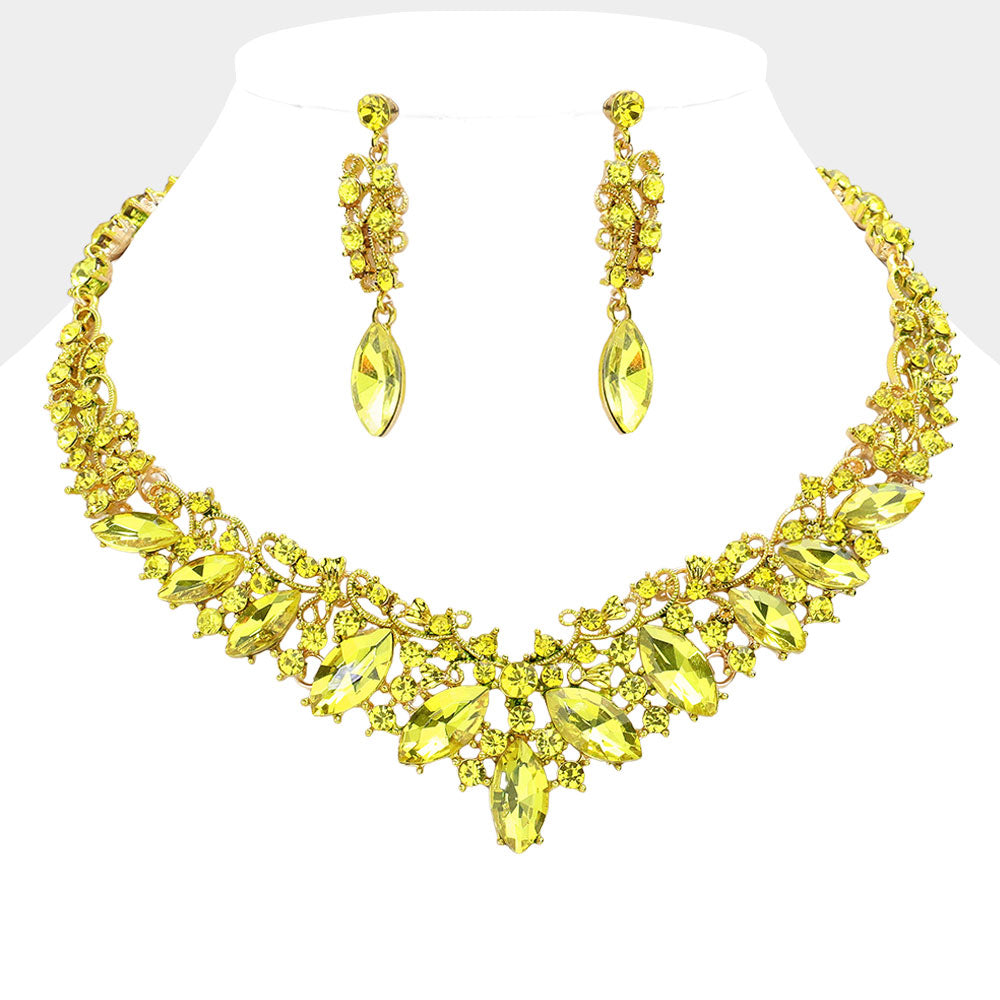 Yellow Marquise and Mixed Stone Statement Necklace Set | Crystal Stone Evening Necklace Set