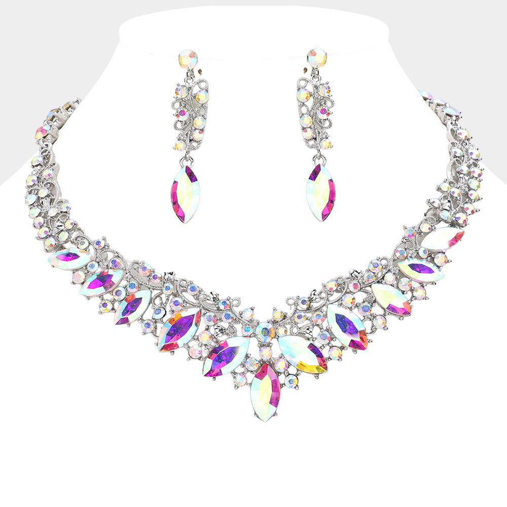 AB Marquise and Mixed Stone Statement Necklace Set | Crystal Stone Evening Necklace Set