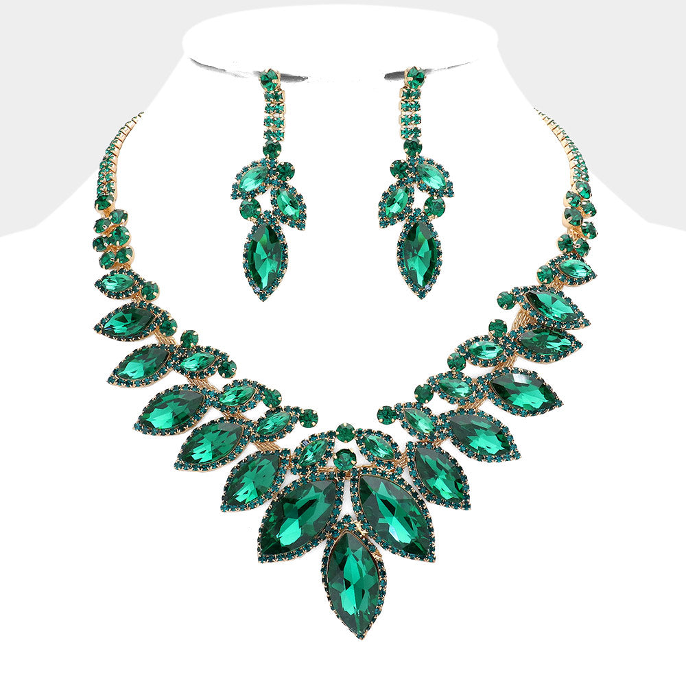 Emerald Marquise Stone Accented Pageant Necklace  | Evening Necklace Set