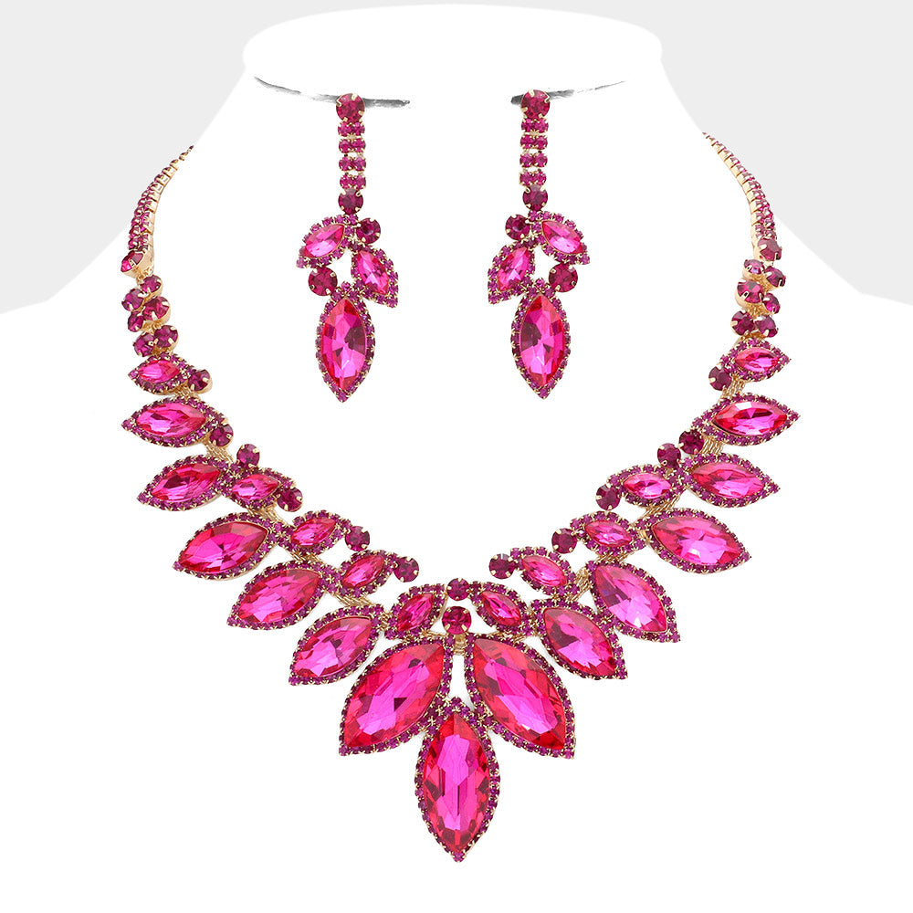 Fuchsia Marquise Stone Accented Pageant Necklace | Evening Necklace Set