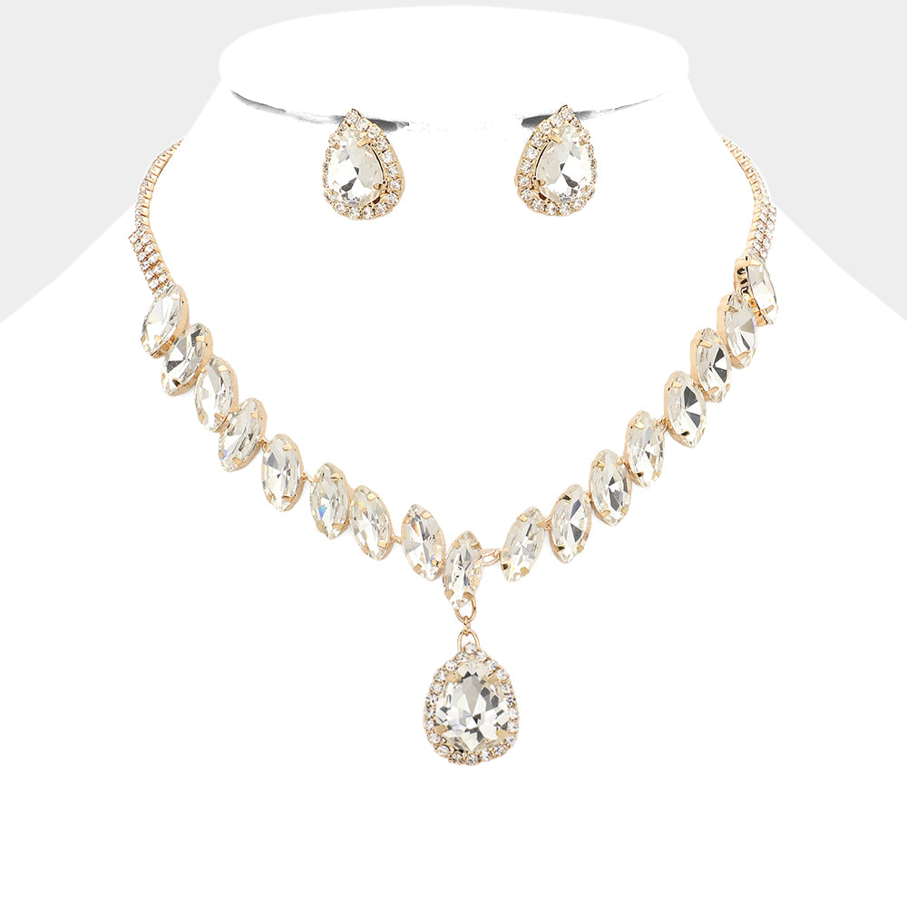 Clear Marquise Stone Cluster Drop Teardrop Pageant Necklace Set