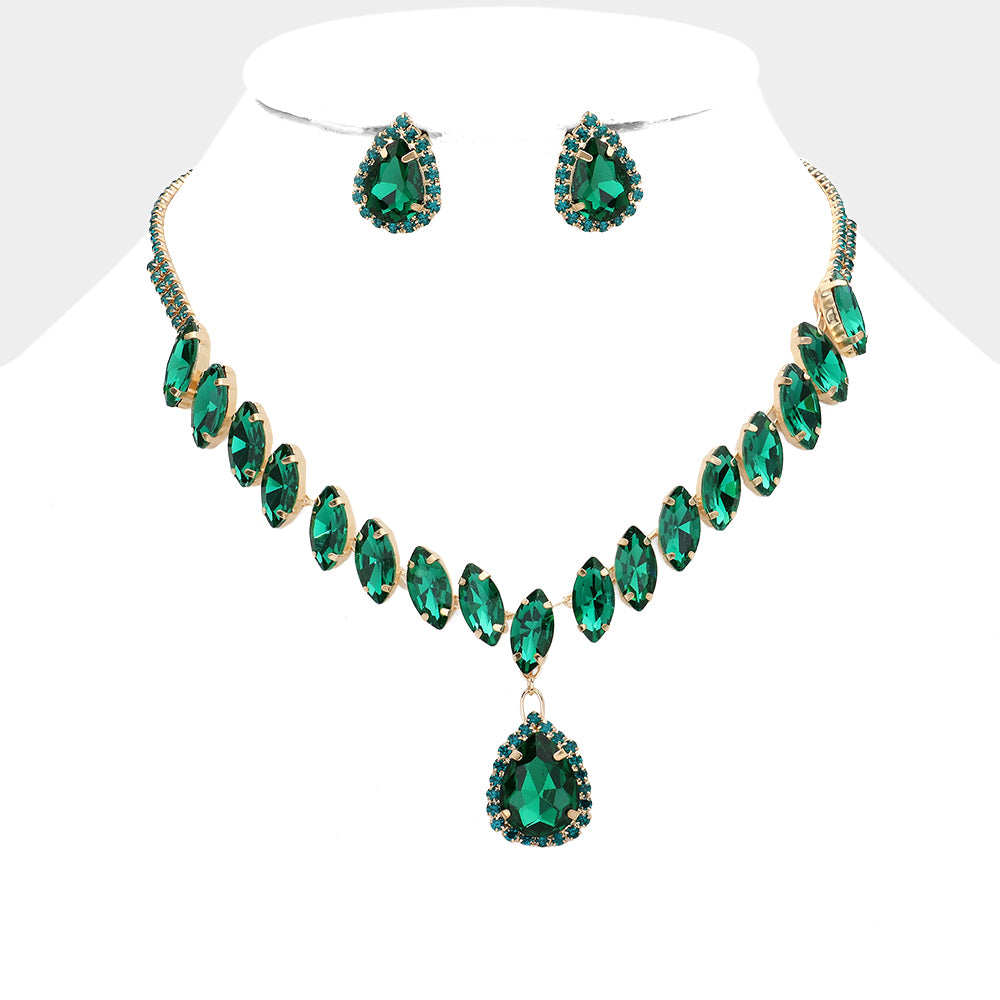 Emerald Marquise Stone Cluster Drop Teardrop Pageant Necklace Set | Prom Jewelry