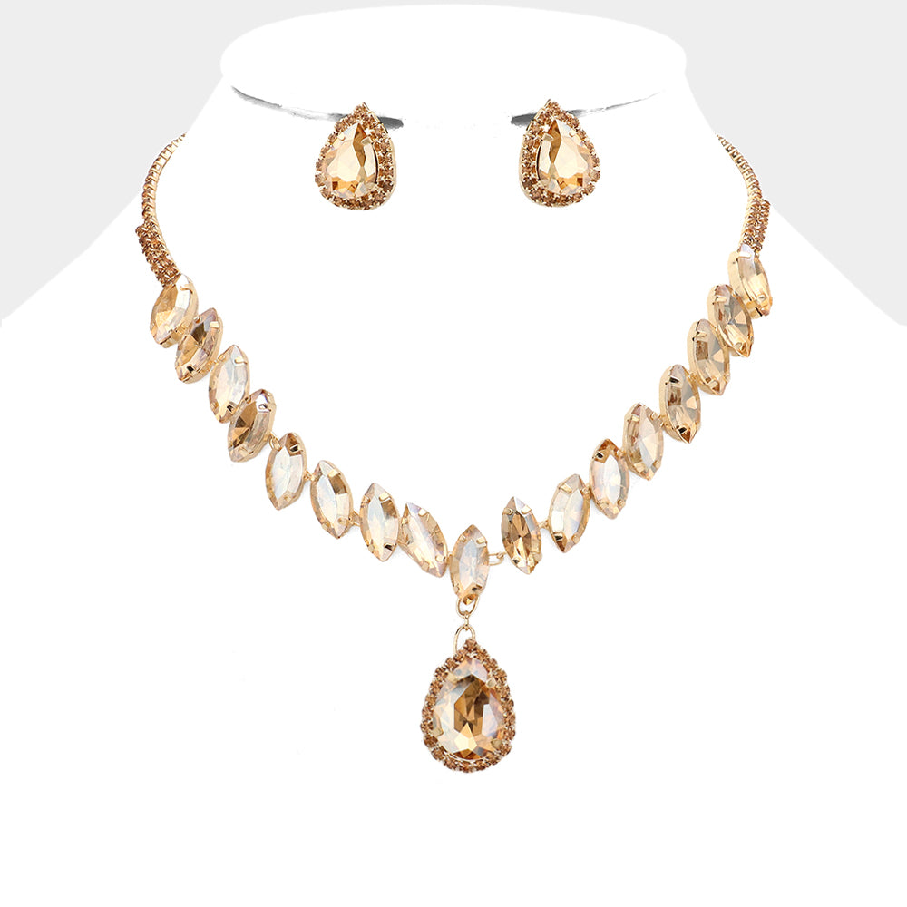 Light Topaz Marquise Stone Cluster Drop Teardrop Pageant Necklace Set  | Prom Jewelry