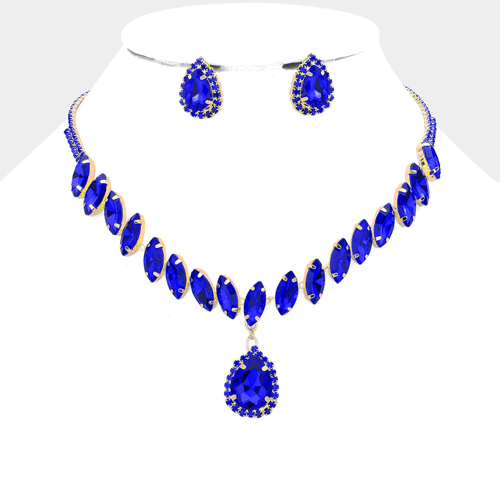 Sapphire Marquise Stone Cluster Drop Teardrop Pageant Necklace Set | Prom Jewelry |  599128