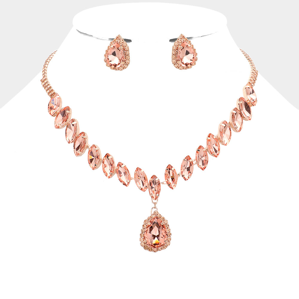 Peach Marquise Stone Cluster Drop Teardrop Pageant Necklace Set  | Prom Jewelry