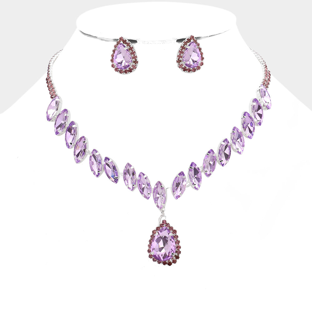 Violet Marquise Stone Cluster Drop Teardrop Pageant Necklace Set  | Prom Jewelry