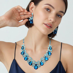 Teal Teardrop Rhinestone Floral Necklace Set on Gold– Crystal Prom Evening Jewelry |  479361
