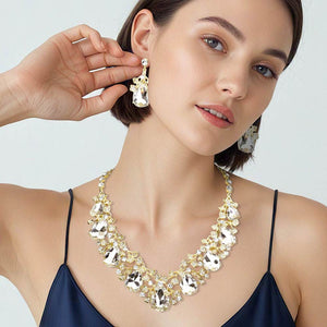 Fuchsia Teardrop Rhinestone Floral Necklace Set on Gold– Crystal Prom Evening Jewelry |  479362